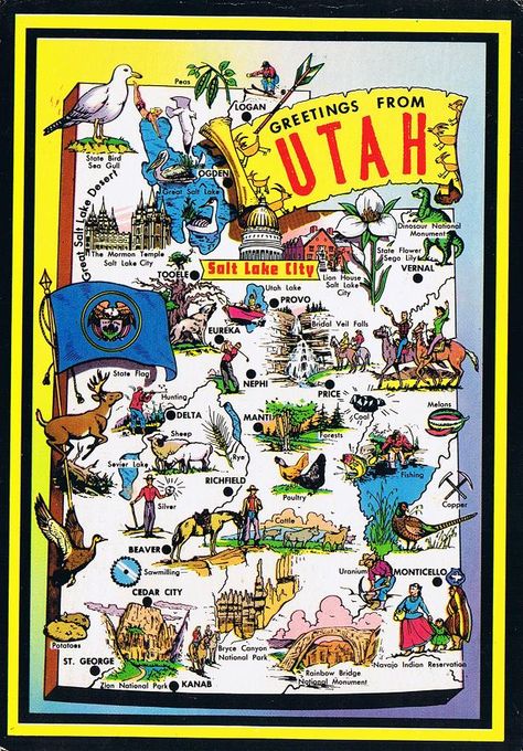 Utah Map, Roadside America, State Flowers, Utah Lakes, State Symbols, Pictorial Maps, Cedar City, Usa States, Bryce Canyon National Park