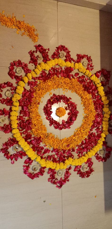 Rangoli done with the flowers#marigold and #rose decor at home Marigold Rangoli, Marigold Flower Rangoli, Marigold Flower Decoration, Flowers Marigold, Hanuman Hd, Hanuman Hd Wallpaper, Daisy Party, Rangoli Ideas, Flower Rangoli