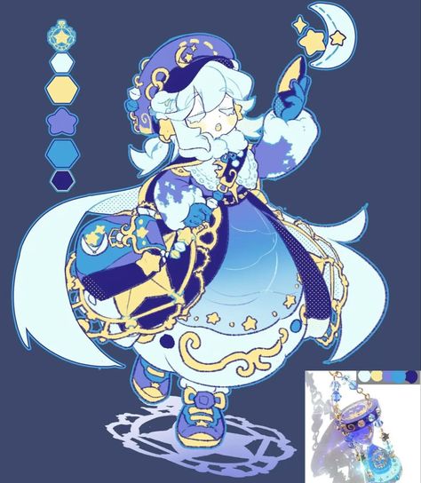 Galaxy Outfits Drawing, Blue Villain Outfit, Sewing Character Design, Celestial Character Design Outfit, Moon Oc Design, Couple Date Drawing Reference, Star Themed Character, Moon Themed Character Design, Star Witch Character Design