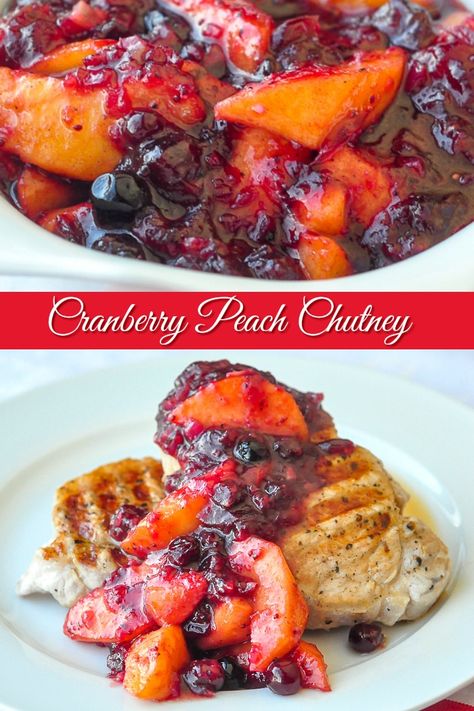 Pork Loin Chops with Cranberry Peach Chutney. A quick and easy version of chutney that's perfect to serve with quickly grilled pork chops for a flavour packed weekday dinner. Chutney Pork Chops, Pork Tenderloin With Chutney Recipes, Chutney For Pork Tenderloin, Peach Chutney Recipes Pork Chops, Apple Chutney Pork Chops, Pork Loin With Prunes, Grilled Pork Loin Chops, Peach Chutney Recipes, Grilled Pork Loin