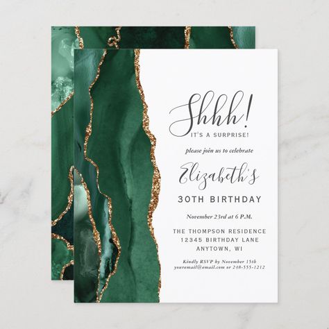 The left-hand edge of this elegant surprise birthday party invitation features an emerald green watercolor agate border trimmed with faux gold glitter. The customizable text combines handwriting, copperplate and italic fonts in charcoal gray on a white background. The reverse side features a matching emerald green and gold agate design. Birthday Party Green, 30th Birthday Outfit, Surprise 30th Birthday, 40th Birthday Men, Birthday Dinner Invitation, Surprise Party Invitations, Burgundy And Blush Wedding, Emerald Green And Gold, Surprise Birthday Party