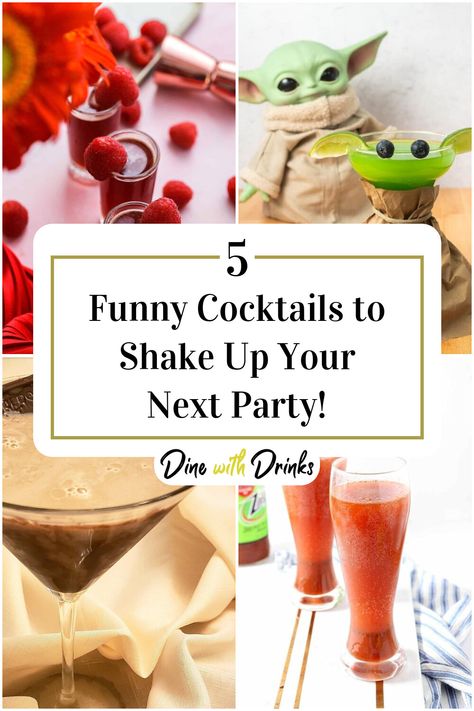 Collage of 4 funny cocktails. Night In With Friends, Funny Cocktails, Good Drinks, Coctails Recipes, Cocktail Pitcher, Comedy Nights, Sweet Cocktails, Themed Drinks, Cocktail Night