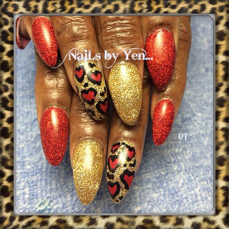 Red and gold #acrylic #almond #stiletto #leopard #yen #hearts #valentines ...thank you Ms Donna! Almond Stiletto, Hearts Valentines, Pretty Nail Designs, Glamorous Nails, Red And Gold, Makeup Ideas, Pretty Nails, Almond, Nail Designs