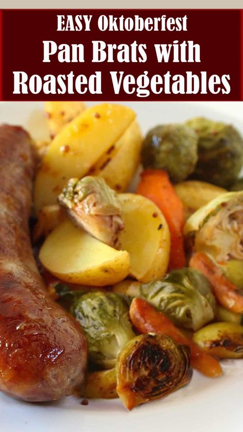 Easy Oktoberfest Sheet Pan Brats with Roasted Vegetables – Reserveamana Sheet Pan Brats, Bratwurst Sausage, Fall Recipe, Caraway Seeds, White Potatoes, One Pan, Roasted Vegetables, Apple Recipes, Brussel Sprouts