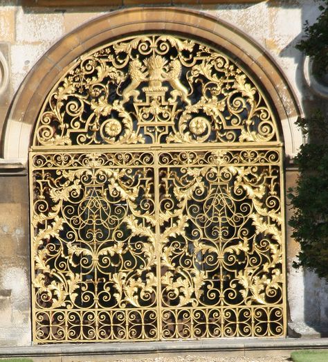 burghley house gates Palace Entrance, Stamford Lincolnshire, Geometrical Art, Gold Gate, House Gate, English Manor Houses, Silver Furniture, Main Gate Design, Wrought Iron Doors