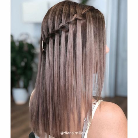 Braided Hairstyles Waterfall, Waterfalls Hairstyle, Waterfall Braid Front View, Hairstyles In Straight Hair, Hairstyle On Straight Hair, Prom Straight Hairstyles, Hairstyles With Straight Hair, Cute Straight Hairstyles, Straight Hairstyles For Long Hair