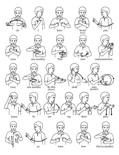 A series of sign language illustrations to help children learn the signs for “Love One Another.” From the Children’s Songbook, page 137, “Love One Another”; illustration by Jennifer Harward. Sign Language Poster, English Sign Language, Makaton Signs, Language Poster, Simple Sign Language, Asl Sign Language Words, Sign Language Art, Sign Language Chart, Sign Language For Kids