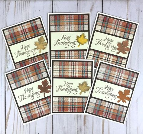 "This set of 6 Happy Thanksgiving cards with coordinated envelopes is the perfect stationery set for the autumn holiday. The blank note cards are 4.25 x 5.5 inches (A2) and are made with plaid scrapbook paper, a cardstock mat, a stamped \"Happy Thanksgiving\" sentiment and paper leaves. The inside of the card is left blank for the user to write their own thoughts and sentiments. CARD SIZE: 4.25 x 5.5 inches (A2), set of 6 cards. FOR A DIY KIT FEATURING THESE SAME PAPERS, PLEASE CLICK ON THE FOLL Stampinup Thanksgiving Cards, Handmade Autumn Cards, Thanksgiving Handmade Cards Ideas, Stampin Up Scenic Pumpkin Patch Cards, Thanksgiving Day Cards Homemade, Fall Cards Handmade Simple, Su Thanksgiving Cards, Turkey Cards Handmade, Fall Greeting Cards Handmade