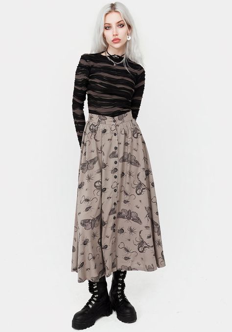 Warm Goth Outfit, Insect Dress, Crawling In My Skin, Brown Bugs, Button Down Midi Skirt, Office Goth, Taupe Background, Witchy Style, Bug Print