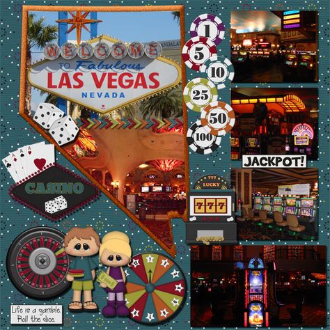 Fabulous, Unique and Exciting Las Vegas!!! While I have never been there I do have cousins who live there and on occasions visit the casino so I asked him to please take some photos for me so I could make a page for this adorable kit Rockers & Rollers by BoomersGirl Designs  (Deer Friends Design Template) It is available at GingerScraps: http://bit.ly/1JZzf7O Daisies & Dimples: http://bit.ly/1JZzcJd KittenScraps & Friends: http://bit.ly/1JZzbF4 Vegas Scrapbook, Scrapbooking Alaska, Nifty 50, Casino Roulette, Shot Book, Travel Scrapbook Pages, Friends Design, Lucky 7, Vacation Memories