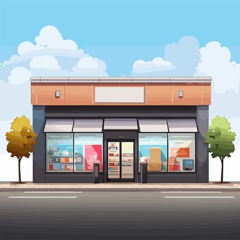 Convenience store front view vector illu... | Premium Vector #Freepik #vector #retail #shop #retail-store #market Shop Illustration Store Fronts, Convenience Store Illustration, Japanese Facade, Pharmacy Store, Shop Illustration, Point Perspective, Store Front, Retail Shop, Front View