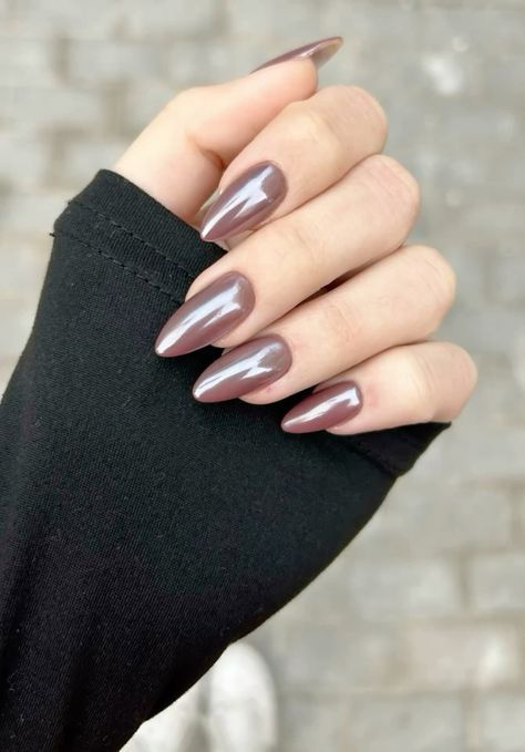 Dark Brown Glazed Nails, Dark Brown Chrome Nails, Autumn Chrome Nails, Chrome Nails Dark, Dark Chrome Nails, Chocolate Glazed Donut Nails, Dark Fall Nails, Brown Chrome Nails, Nail Salon Names