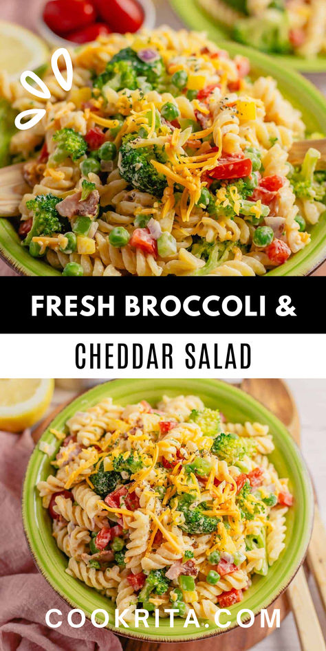 This creamy pasta salad with broccoli, cheddar cheese, and crispy bacon is the perfect side dish for summer BBQs or family gatherings! 🥦🧀 #PastaSalad #BroccoliCheddar #SummerRecipes Broccoli Cheddar Pasta Salad, Cheddar Broccoli Pasta, Cheddar Pasta Salad, Pasta Salad With Broccoli, Broccoli Cheddar Pasta, Pasta Salad With Bacon, Cheddar Pasta, Broccoli Pasta Salad, Salad With Broccoli