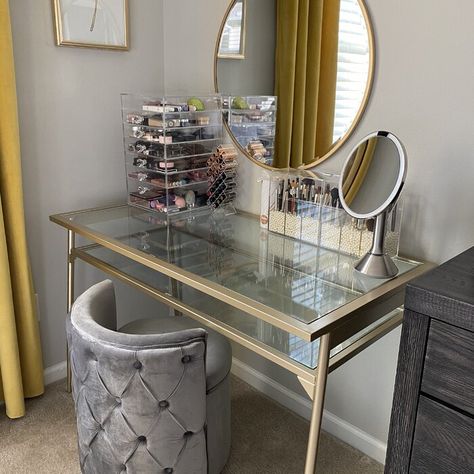 Three Posts™ Stivers Glass Desk & Reviews | Wayfair Glass Desk In Bedroom, Glass Desk Drawers, West Elm Glass Desk, Large Luxury Glss Desk, Hlass Desk, Desk With Storage, Glass Desk, Table For Small Space, Wayfair Furniture