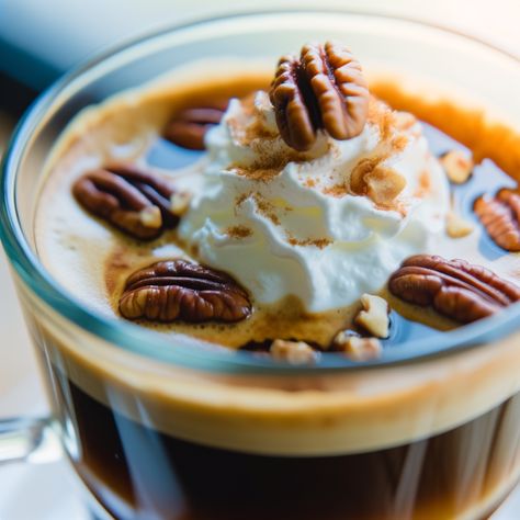 A cozy, indulgent coffee drink that combines rich espresso with the warmth of maple syrup and the crunch of toasted pecans. Espresso Dessert, Fall Coffee Recipes, Pecan Crunch, Homemade Coffee Drinks, Starbucks Peppermint Mocha, Hot Desserts, Coffee Origin, Egg Coffee, Healthy Starbucks