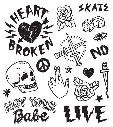 A set of retro punk inspired grunge doodles royalty free illustration Tato Grunge, Grunge Doodles, Punk Tattoo, Grunge Tattoo, Tattoo Flash Sheet, Doodle Tattoo, Poke Tattoo, Punk Inspiration, Retro Punk