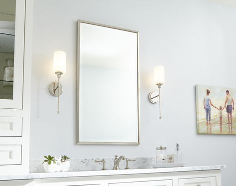 Bathroom light fixtures guide - how to light a bathroom mirror with sconces - LightsOnline.com Bathroom Mirror With Sconces, Bathroom With Sconces, Sconces Bathroom Mirror, Polished Nickel Bathroom, Mirror And Sconces, Traditional Bathroom Lighting, Bath Lights, Sconces Bathroom, Transitional Lighting