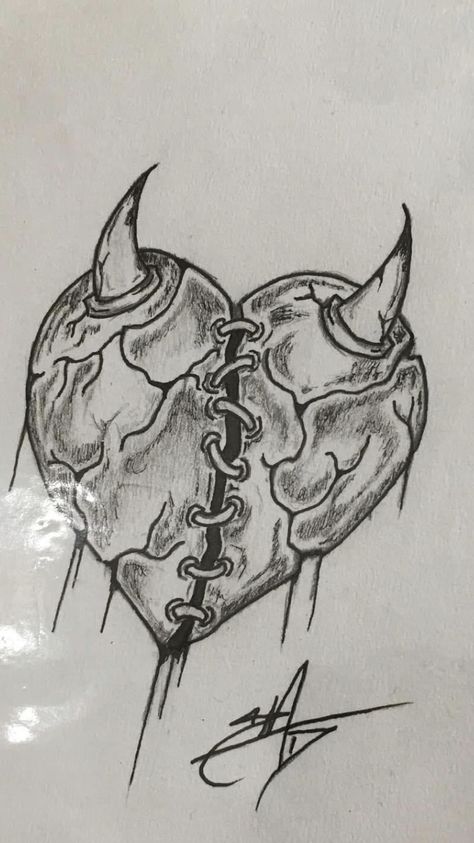 Heart With Horns Drawing, Rotten Heart Drawing, Love Heart Drawing Aesthetic, Drawing About Heart Break, Heart Sketch Creative, Rip Drawing Ideas, Toxic Love Drawing, Cool Heart Drawings, Romantic Drawing Ideas