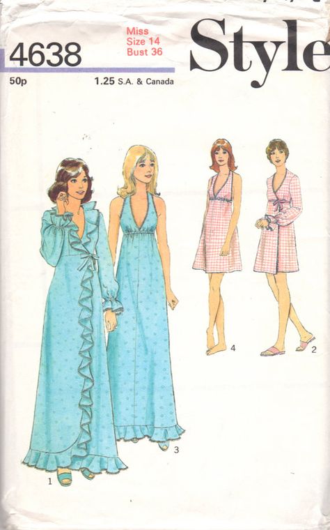 Style 46381980s Misses V Neck Empire Halter Nightgown and Peignoir womens vintage sewing pattern by mbchills Housecoat Pattern, Bathrobe Pattern, Bridal Dress Patterns, Sleep Ware, Trending Patterns, 1970 Style, Vintage Clothes Patterns, Pretty Robes, Night Wear Dress