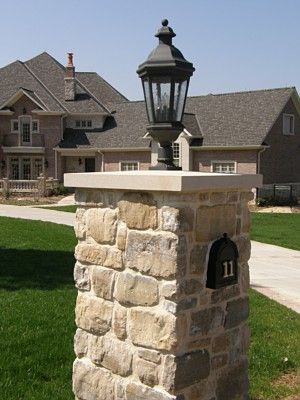 Pier Caps: Indiana Limestone Pier Cap  www.earthworksstone.net Driveway Pillars With Lights, Pier Caps, Stone Mailbox, Indiana Limestone, Yard Stones, Brick Pillars, Driveway Entrance Landscaping, Eldorado Stone, Church Building Design