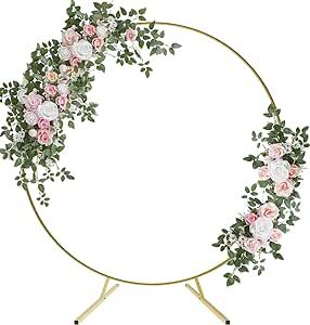 Hoop With Balloons And Flowers, Gold Ring Flower Backdrop, Ring Backdrop Babyshower, Gold Hoop Flower Backdrop, Circular Wedding Arch Lights, Round Flower Wedding Arch, Circle Arch Head Table, Hoola Hoop Floral Chandelier, Circle Arch Backdrop