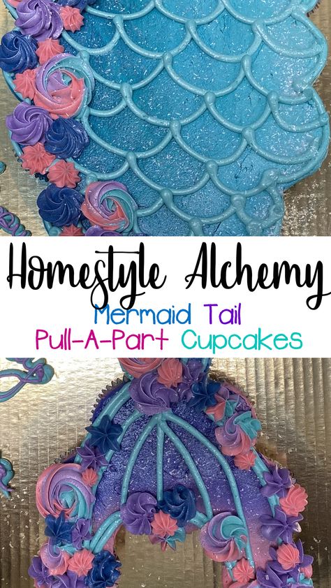 Cakes of Interest: Mermaid Tail Pull-A-Part Cupcakes - Homestyle Alchemy Homestyle Alchemy Mermaid Cupcakes Ideas, Mermaid Cupcake Cake, Pull Apart Cupcake, Cupcake Template, Mermaid Tail Cake, Diy Mermaid Tail, Beach Cupcakes, Pull Apart Cupcake Cake, Pull Apart Cake