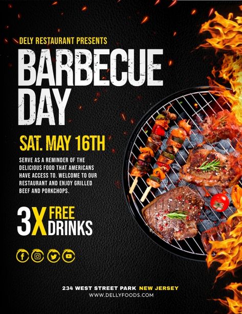 Customize this design with your video, photos and text. Easy to use online tools with thousands of stock photos, clipart and effects. Free downloads, great for printing and sharing online. Flyer (US Letter). Tags: barbecue and grill event flyer poster editable template, barbecue day poster, barbecue day promo, barbecue online social media advertisement post, barbecue promotion discount for restaurant, flyer designs, flyer templates, free flyer templates, free templates for flyers, templates for Cookout Flyer Design, Promotional Posters Design, Barbecue Poster Design, Grill Flyer Design, Barbecue Flyer Design, Grill Poster Design, Grill Graphic Design, Bbq Poster Design, Bbq Advertising