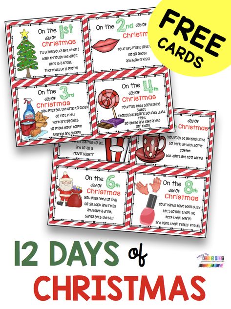 FREE 12 days of Christmas note cards - print and attach to adorable little gifts to give a teacher or friend each day leading up to Christmas - freebie printable cards - twelve days of Christmas - elf #12daysofchristmas #teachergifts #twelvedaysofchristmas 12 Days Of Christmas Employee Gifts, 12 Days Of Christmas Sayings, 12 Days Of Christmas Kindergarten, 12 Days If Christmas For Teachers, 12 Days Of Christmas Gift Ideas For Teachers, 12 Days Of Christmas Gifts For Teachers, 12 Days Of Christmas Teacher Gifts, 12 Days Of Christmas Classroom Ideas, 12 Days Of Christmas Staff Morale