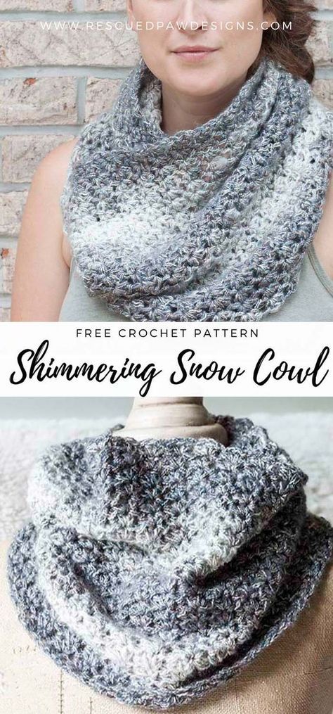 Beginner Friendly and Simple to Crochet! Try the Free Shimmering Snow Cowl Pattern by Rescued Paw Designs Crochet Cowl Scarf, Shawl In A Ball, Crochet Scarf For Beginners, Crochet Wraps, Crocheted Scarves, Crochet Cowl Free Pattern, Yarn Shawl, شال كروشيه, Crochet Cowl Pattern