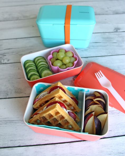 Go Bento! These Kids Lunch Box Ideas Will Inspire You | Whether it's back to school and you need lunch box help or halfway through the school year and you're out of ideas, these bento bxoes will help you make clever and easy creations! Lunch never looked so good before-and your kids are sure to agree! Try this Wafflicious Bento with a sweet breakfast sandwich made with homemade waffles, cream cheese and strawberries.  #food #backtoschool #marthastewart #kidslunchideas Traditional Japanese Bento, Field Trip Lunch, Bento Box Lunch For Adults, Kotak Bento, Bento Box Lunch For Kids, Bento Box Recipes, Bento Kids, Japanese Bento Box, Bento Box Kids