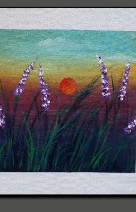 Lavender Field Painting Easy, Lavender Sunset Painting, Fields Of Lavender Painting, Lavender Landscape Painting, Lilac Sky Painting, Dream Painting, Lavender Fields, Using Acrylic Paint, Sunset Painting