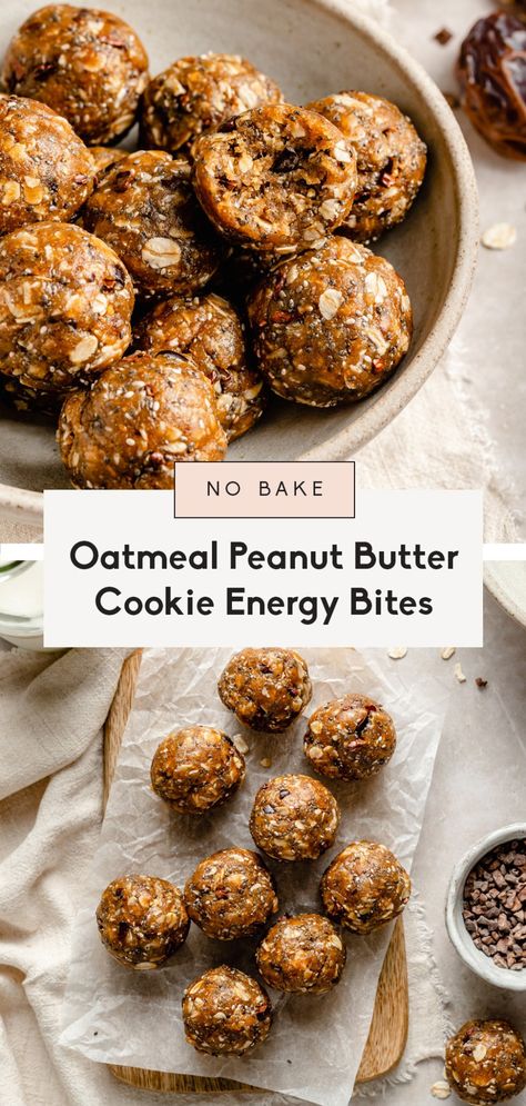 No bake oatmeal peanut butter cookie energy bites that taste just like your favorite cookie! These delicious, easy oatmeal cookie energy bites are packed with fiber and protein thanks to creamy peanut butter, oats and chia seeds. Add cacao nibs for rich chocolate flavor in every bite! #nobake #healthysnack #energybites #glutenfreesnack #kidfriendly #snackrecipe No Bake Oatmeal, Oatmeal Energy Bites, Oatmeal Bites, Oatmeal Peanut Butter, Oatmeal Cookies Easy, Peanut Butter Bites, Classic Peanut Butter Cookies, No Bake Energy Bites, Peanut Butter Cookie Dough