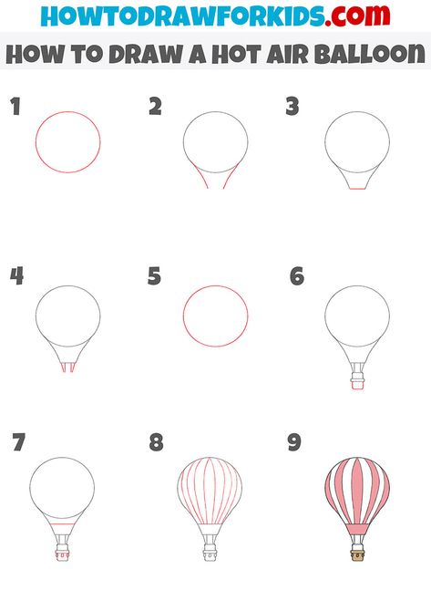 How To Draw Hot Air Balloon Step By Step, Air Ballon Draw, How To Paint Hot Air Balloons, How To Draw A Hot Air Balloon Easy, Easy Hot Air Balloon Drawing, Simple Hot Air Balloon Drawing, Drawing Hot Air Balloons, Balon Udara Art, How To Draw Hot Air Balloon