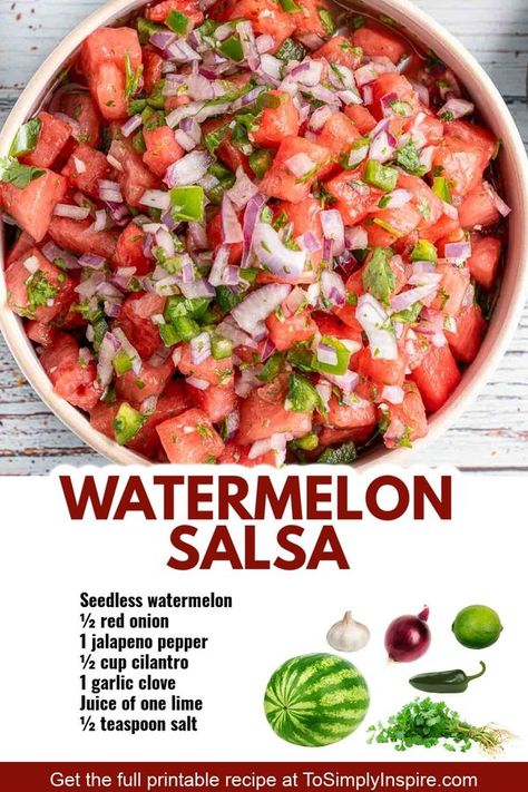 Easy Recipes Group | RECIPE: https://www.tosimplyinspire.com/watermelon-salsa.html This fresh watermelon salsa recipe is refreshing twist on a classic salsa | Facebook Interesting Salads, Watermelon Salsa Recipe, To Simply Inspire, Asian Dipping Sauce, Healthy Dip, 2023 Board, Camp Snacks, Watermelon Salsa, Veg Food