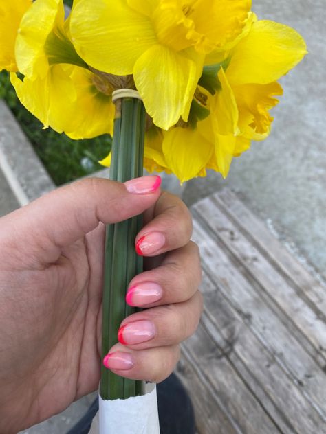 Pink And Red Double French Nails, Red And Pink Tip Nails, Pink Red French Tip Nails, Pink And Red French Tip Nails, Pink And Red French Nails, Red And Pink French Tip Nails, French Tip Nails With Pink, Nails With Pink, Red French Tip