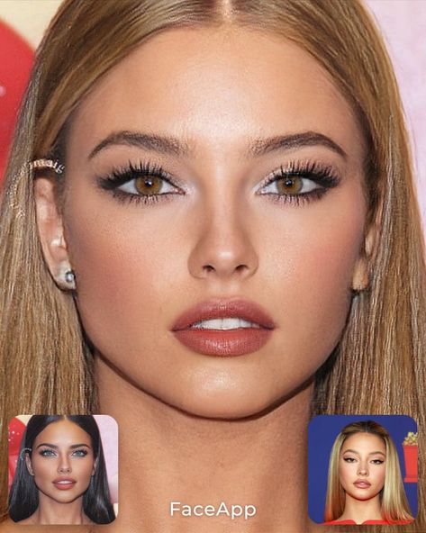 Celebrity Mashup Faces, Small Facial Features, Adriana Lima X Madelyn Cline, Celebrity Morphed Faces, Celebrities Mixed Faces, Morphed Faces Celebrities, Small Forehead Aesthetic, Face Morph Celebrity, Celebrity Face Morph