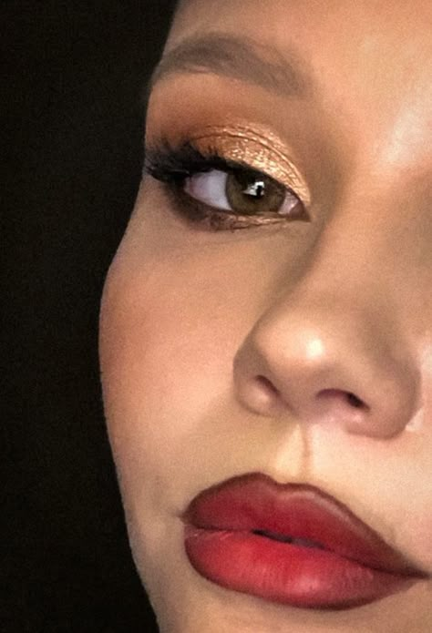 Red Lip Brown Liner, Red Lip Dark Liner, Gold Makeup Red Lips, Mariachi Makeup, Gold Red Makeup, Glitter Eye Black, Red Lips Aesthetic, Color Guard Makeup, Red Glossy Lips