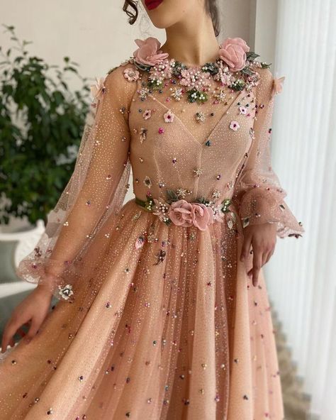 Dresses Party Night, Teuta Matoshi, Baby Pink Dresses, A Line Prom Dress, Prom Dress Evening, Dress Party Night, Tulle Sleeves, Baby Pink Colour, Beaded Tulle