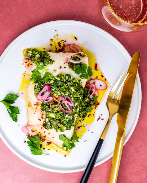 Fish With Chimichurri Sauce, Chimichurri Fish Recipe, Fish Chimichurri, Chimichurri Fish, Civeche Recipe, Halibut Baked, Best Halibut Recipes, Chimichuri Sauce, Halibut Recipes Baked