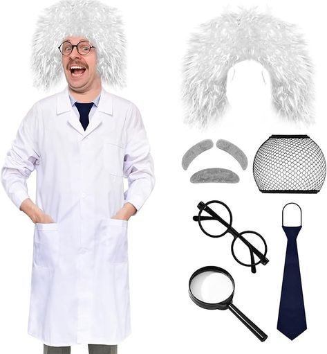 Amazon.com: XonyiCos Adult Mad Scientist 8 Pcs Set 100th Day of School Wig White Lab Coat Albert Einstein Costume for Mens (XL) : Everything Else Albert Einstein Costume, Einstein Costume, Mad Scientist Costume, Scientist Costume, White Lab Coat, White Lab, 100th Day Of School, Adult Halloween Costumes, Mad Scientist