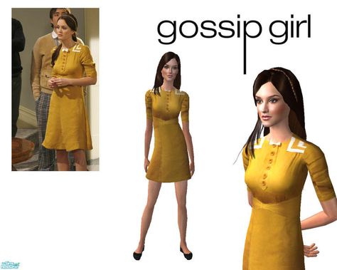 A cute old-style yellow dress as seen on Blair Waldorf (Leighton Meester) in Gossip Girl. Found in TSR Category 'Everyday' Blair Waldorf Sims 4, Blair Waldorf Sims 4 Cc, Sims 4 Cc Blair Waldorf Clothes, Sims 4 Gossip Girl Cc, 1960 Sims 4 Cc, Bergdorf Sims 4, Sims 4 Cc Pinafore Dress, Sims 4 Yellow Dress, Cute Yellow Dresses