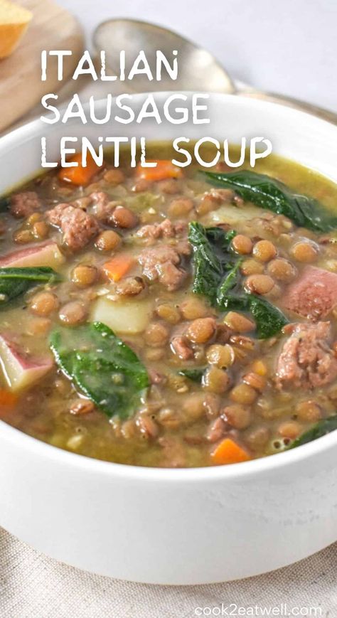 This Italian sausage lentil soup is hearty and flavorful. It’s loaded with Italian sausage, carrots, celery, onions, potatoes, and spinach. Abondigas Soup, Sausage Lentil Soup, Lentil Sausage, Sausage Lentil, Potatoes And Spinach, Soup Menu, Peas Recipes, Lentil Sausage Soup, Cozy Recipes