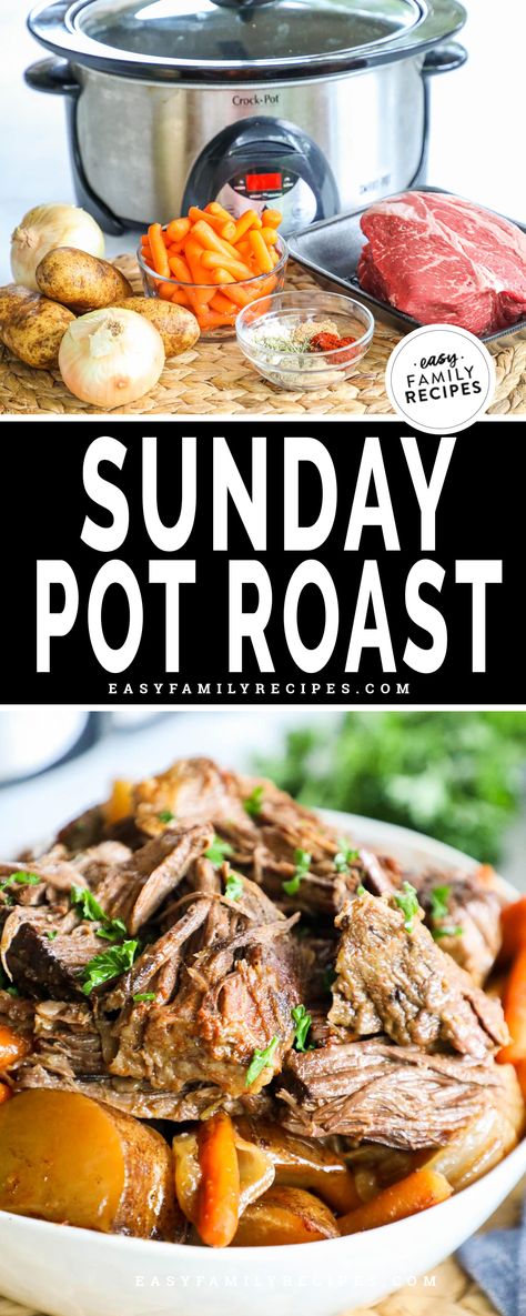 Southern Pot Roast with Potatoes and Carrots · Easy Family Recipes Sunday Pot Roast, Chuck Roast Crock Pot Recipes, Copycat Food, Roasted Potatoes And Carrots, Pot Roast Crock Pot Recipes, Chuck Roast Recipes, Easy Pot Roast, Roast Beef Sandwich, Best Pot Roast