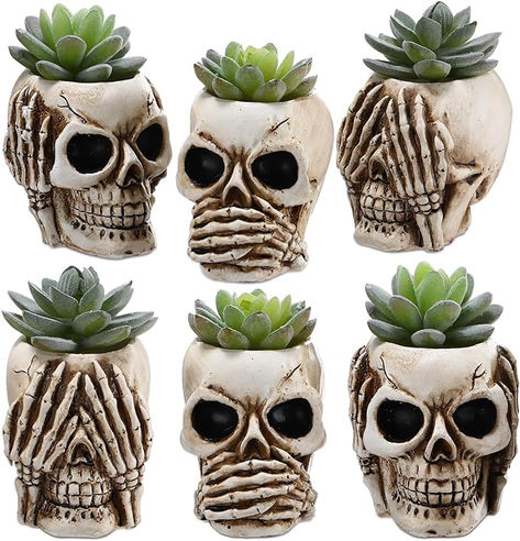 You will receive 6 skull flower pots in 3 shapes, including cover your ears, cover your eyes, and cover your mouth, eye catching shape, 1 set of 6 skull planter pot satisfies as Halloween decoration, daily home indoor planter, outdoor garden decor, or holiday gift that is for lovers of skulls and gardening alike. Office Desk Decorations, Skull Planter, Resin Skull, Resin Planters, Succulent Planters, Desk Decorations, Skull Flower, Garden Junk, Fall Planters