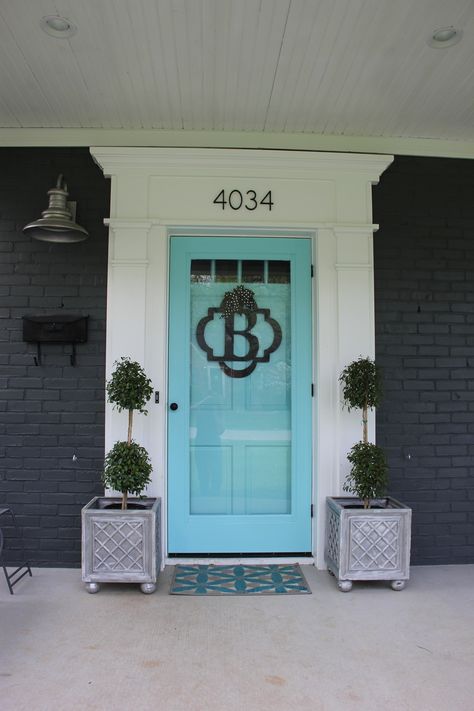 White Storm Door, Aqua Front Doors, Wood Beadboard, Accent Door, Accent Wall Entryway, Turquoise Color Scheme, Color Door, Turquoise Door, Accent Wall Stencil