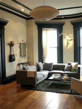 Did this, and ❤️ it! The black trim and tan walls that is! Bonnie and Gary! Urban Chic Living Room, Chic Living Room Design, House Minimalist, Pottery Barn Living Room, Tan Walls, Victorian Living Room, Barn Living, Decor Ikea, Chic Living Room