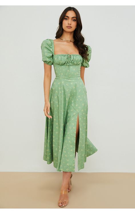 Clothing : Midi Dresses : 'Tallulah' Olive Floral Puff Sleeve Midi Dress Outfit Formal Mujer, High Waist Maxi Dress, Boho Midi Dress, Vintage Floral Dress, Sleeves Clothing, Split Dress, Daily Dress, Floral Dress Summer, Women Long Dresses