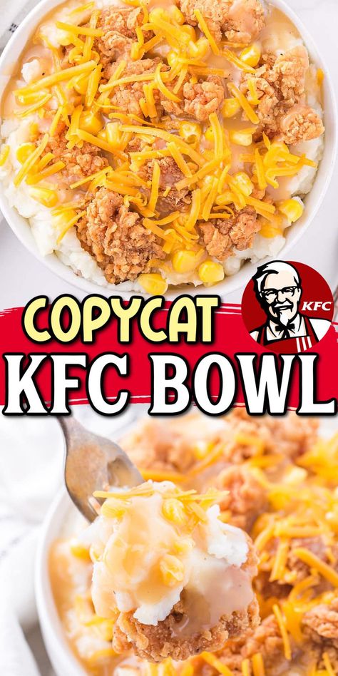 Copycat KFC Bowl Copycat Famous Bowl, Mash Potato Bowl Kfc, At Home Kfc Bowls, Home Made Kfc Famous Bowl, Famous Kfc Bowl, Famous Chicken Bowl, Kfc Casserole Bowl, Mashed Potato Bowl Kfc, At Home Fast Food