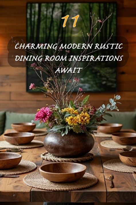 Explore 11 stunning ideas that blend modern style with rustic charm in your dining room. From warm wooden textures to vibrant floral arrangements, these inspirations will elevate your dining experience and create a welcoming atmosphere for family and friends. Rustic Centerpieces Dining Room, Modern Rustic Dining Room, Rustic Dining Table Decor, Modern Rustic Dining Table, Everyday Centerpiece, Dining Room Design Ideas, Rustic Ideas, Rustic Dining Room, Rustic Centerpieces