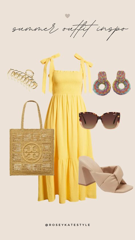 Cute Summer Outfits - Maxi Dress Outfit Yellow Summer Outfits Casual, Current Fashion Trends 2024 Summer, Casual Summer Dress Outfit Ideas, Yellow Summer Dress Outfit, Yellow Dress Outfit Casual, Yellow Dress Outfit Summer, Yellow Dress Outfit Classy, Yellow Summer Outfits, Yellow Maxi Dress Outfit